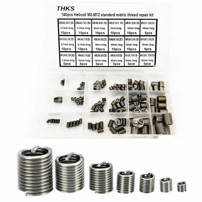 

140pcs Auto Thread Repair Insert Kit Rethread Stainless Steel M3-M12 Fixing Bits Rebuild Parts Hardware Helicoil
