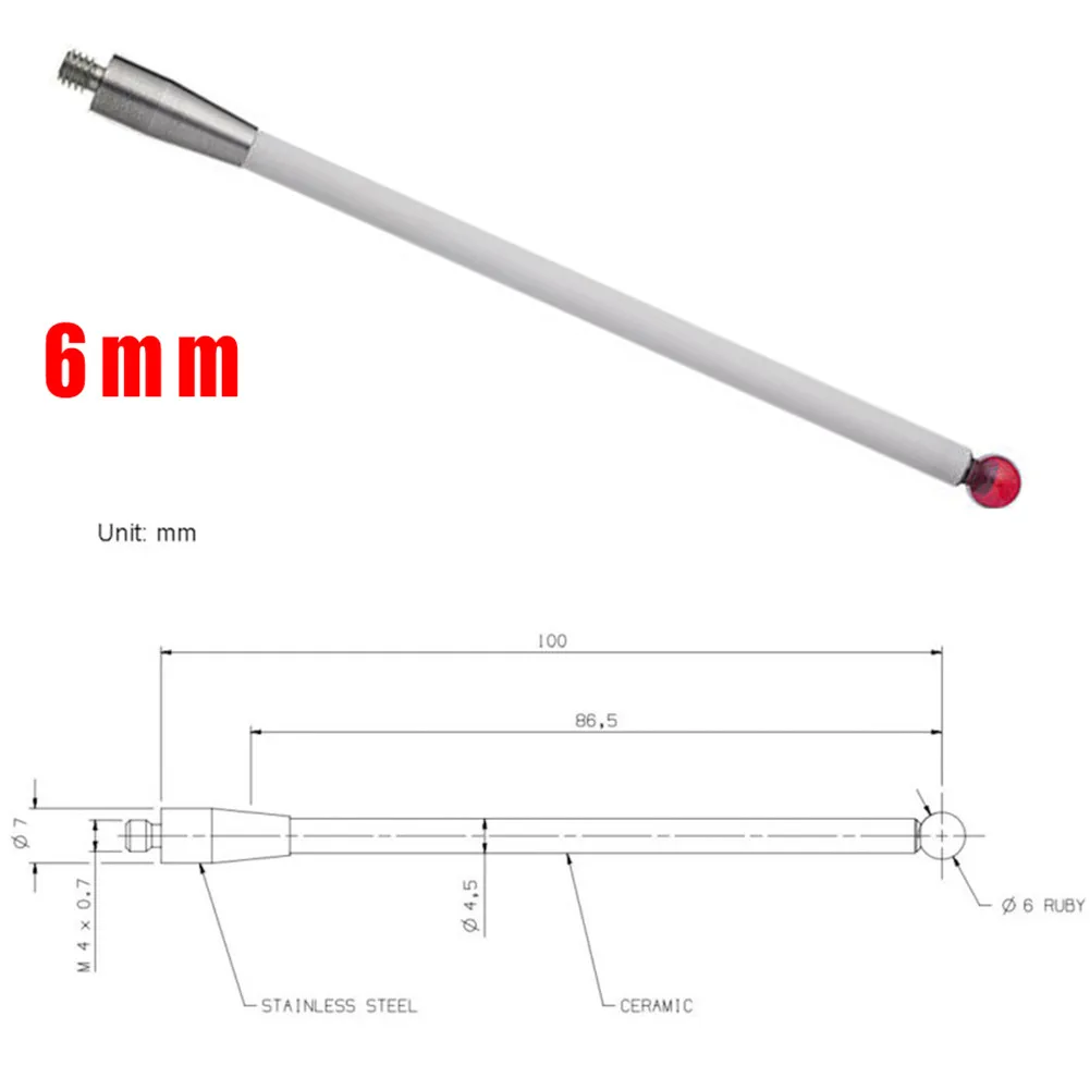 

1 * CMM Touch Probe Stylus 6mm Rubine Ball CNC Tip Ceramic Shaft M4 A-5000-3712 100mm Touch Dial Indicator Probe