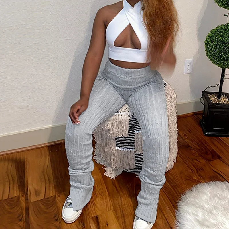 

Knitted Twist Autumn and Winter Women's Pencil Mid-waist Casual Pants Side Open Tight Casual Sports Solid Color Women's Trousers