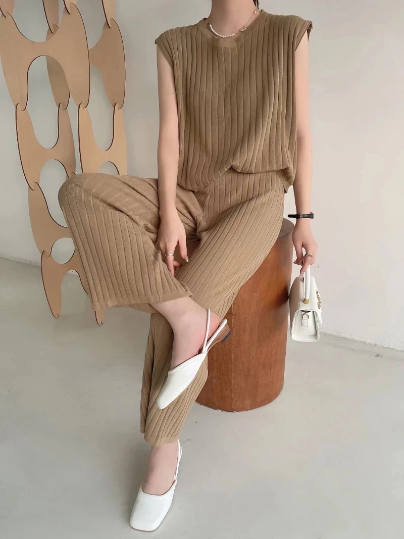 

New Summer Women's Tracksuit Korean Fashion Knitted Casual Loose Pullover Vest + Wide Leg Pants Trouser Suits Set Woman 2 Pieces