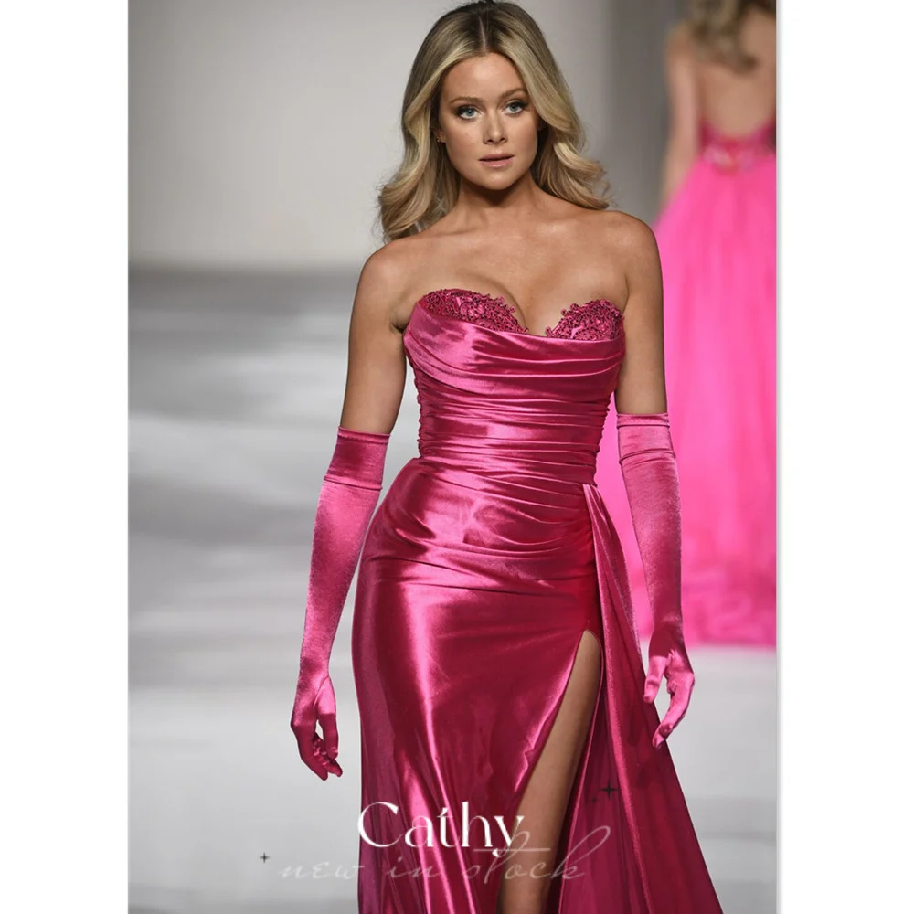 

Cathy Spring Prom Dresses 2023 Sexy Strapless Mermaid Robe De Soirée Rose Pink Evening Dress Side Split Trumpet فستان سهرة