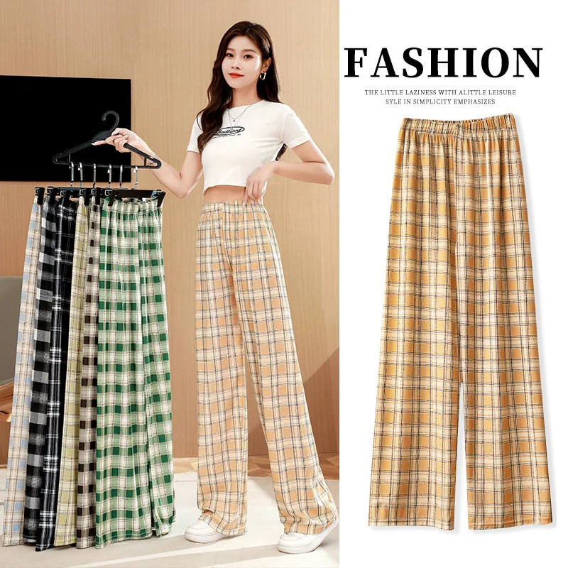 

Plaid Pants Womens Casual Pants Check Straight Pants High Waist Wide Leg Pants Women Elastic Waist Sweatpants Jogging Pants