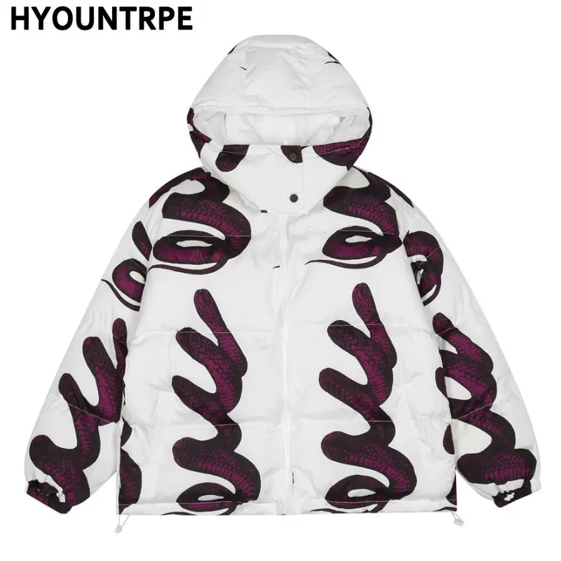 Hip Hop Hooded Parka Jacket Streetwear Men Snake Print Windbreaker Harajuku 2022 Winter Cotton Padded Jacket Coat Puffer Outwear