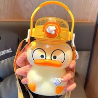 kawaii yellow duck water bottles for girls with straw strap portable for girls children portable school sport outdoors drinking