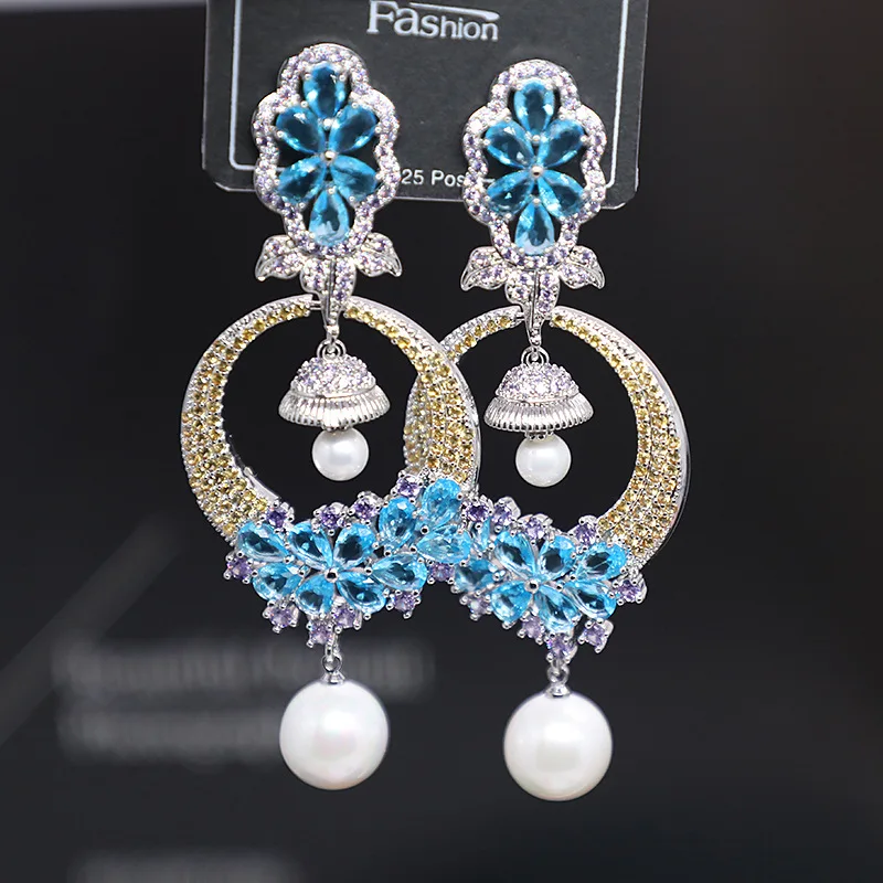 Brand Design Fashion Circle Pearl Eardrop For Women Brand Floral Bell Dangle Earings Gold Plated Cubic Zirconia Jewelry