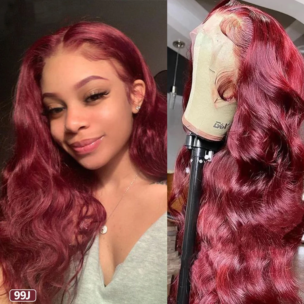 

99J Body Wave Lace Front Wig Pre Plucked Peruvian Red Burgundy Lace Front Wig Human Hair Wigs Hd Transpant Lace Frontal Wigs