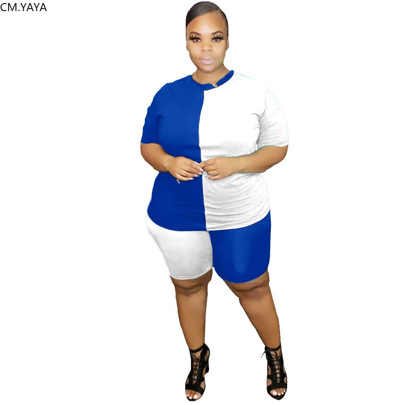CM.YAYA Patchwork Women Two Piece Sets Summer Tracksuit Short Sleeve Tee Tops + Shorts Leggings Suit Fitness Outfit Sweatsuit |