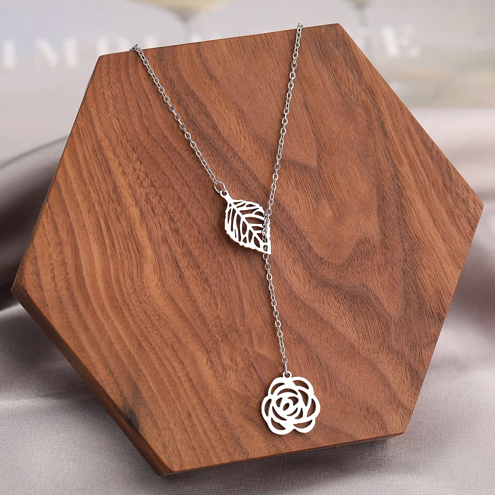 Stainless Steel Necklaces Vintage Delicate Temperament Leaves Rose Flower Pendant Charm Chains Choker Necklace For Women Jewelry |