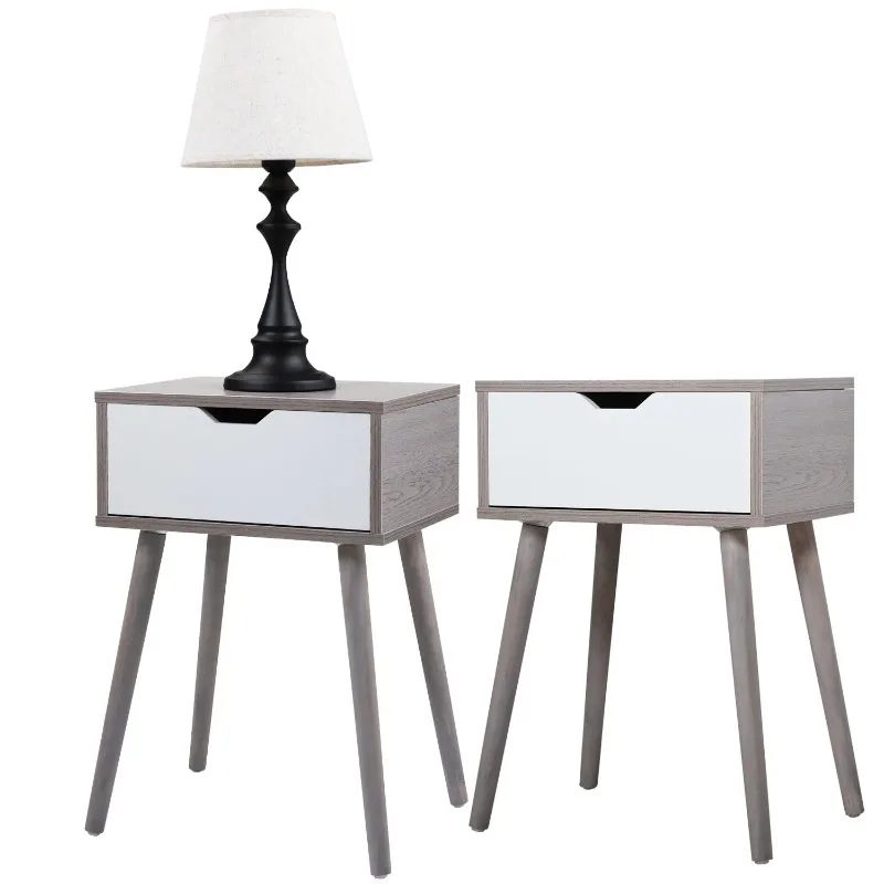 

Set of 2 Wood Nightstand with Storage Drawer & Solid Wood Leg, Gray