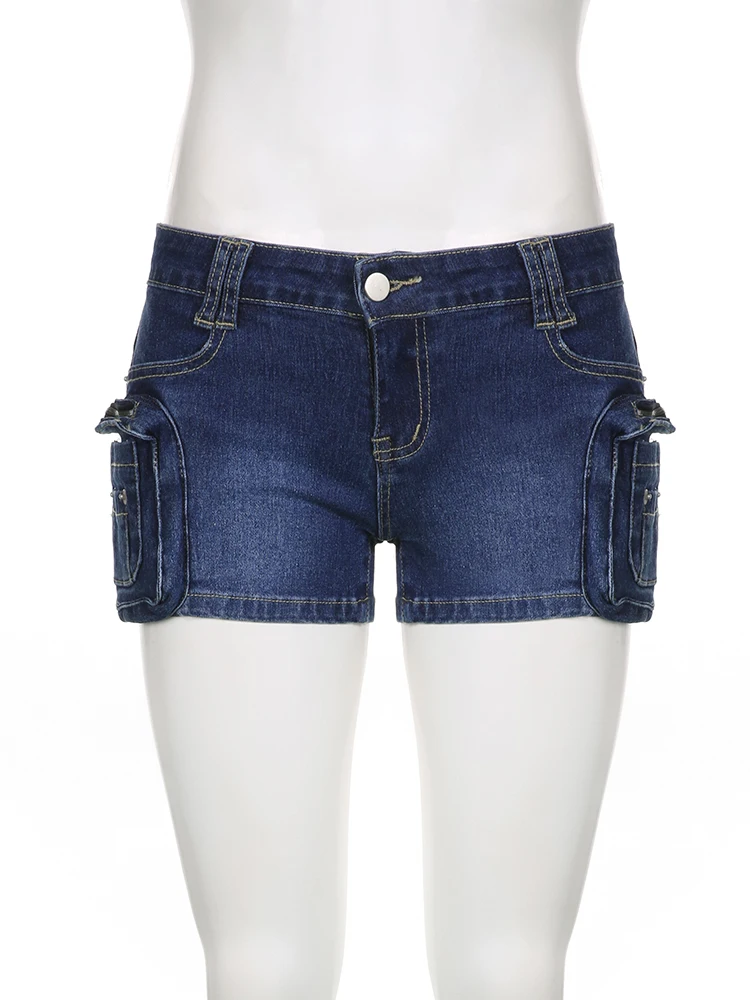 Rockmore Low Waist Mini Jeans Shorts Y2K Street Skinny Sexy Hot Denim Shorts Summer Chic Slim Pockets Cargo Pants Korean Bottoms