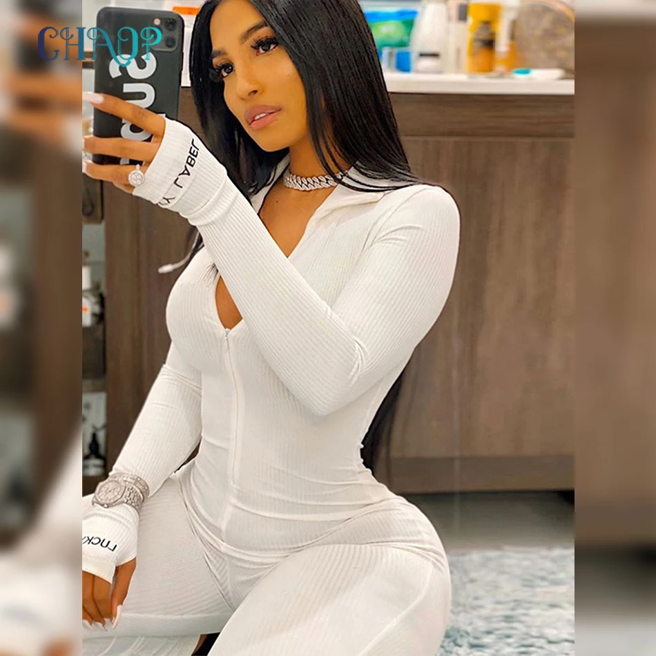 

Zip Turn-down Collar Long Sleeve Ribbed Sport Wear Casual Jumpsuit Women Letter Embroidery Skinny Sexy Playsuit Rompers Overalls