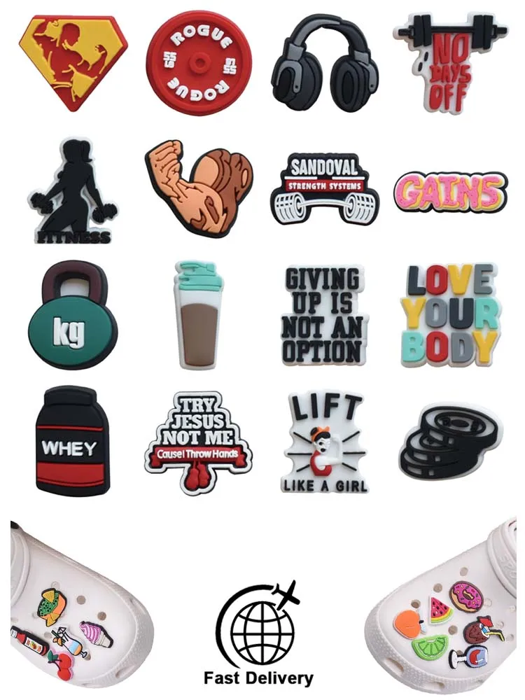 

1Pcs PVC Fitness Sport for Crocs Charms DIY Badge Women Sandals Buckle Kids Pins Decoration Jeans Shoe Accessories X-mas Gift