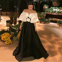 sexy short sleeve evening dresses arabic black and white prom dresses satin flowers dubai a line formal evening gowns robe de so