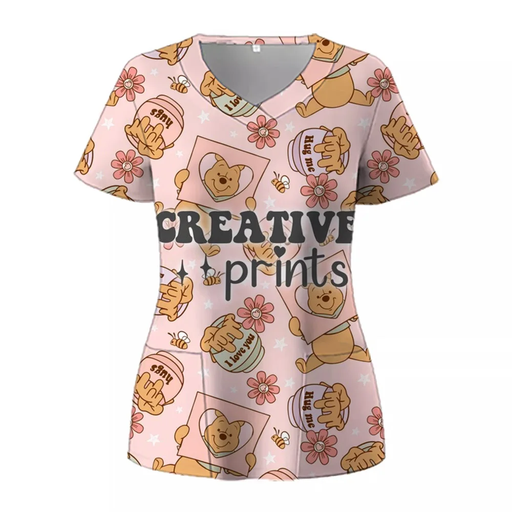 Disney Mickey Mouse Print Nurse Uniform Cute Minnie 3D V-Neck Pocket Medical Uniforms cartoon Nursing Scrubs Uniforme