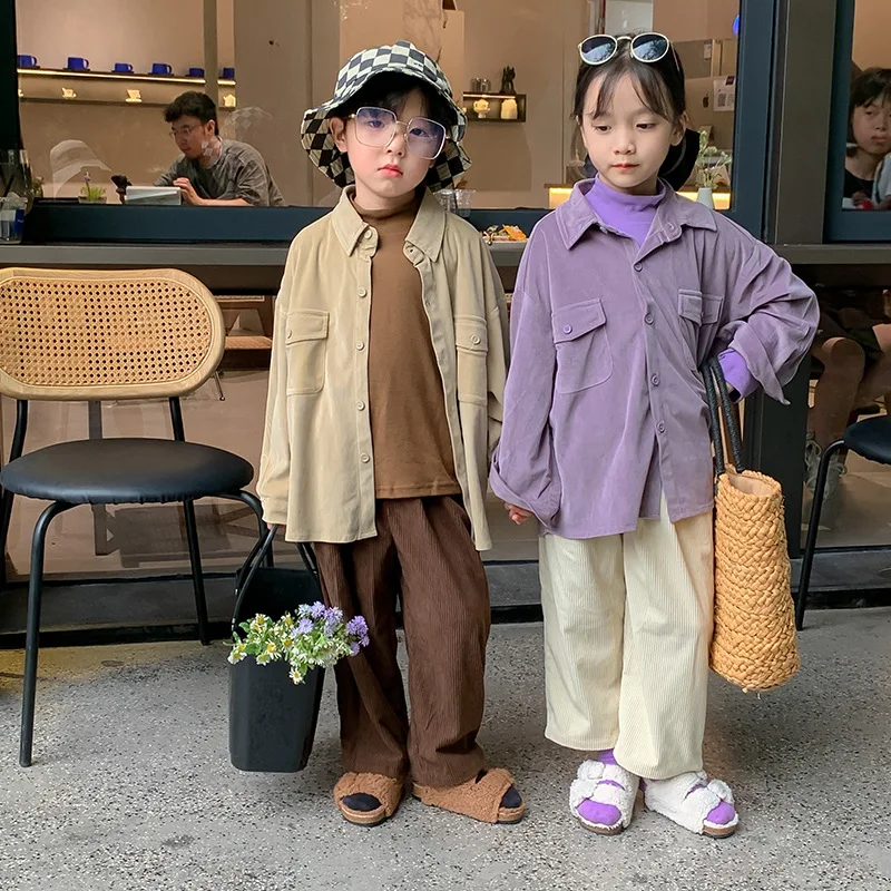 Spring Autumn Kids solid color corduroy casual pants Unisex Children soft loose all-match trousers