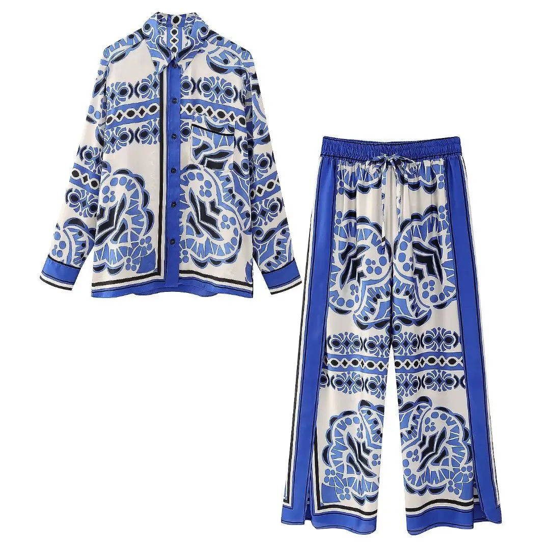 

Женский комплект из рубашки и брюк, свободная рубашка с длинным рукавом и геометрическим принтом, модные брюки с широкими штанинами и эласт...