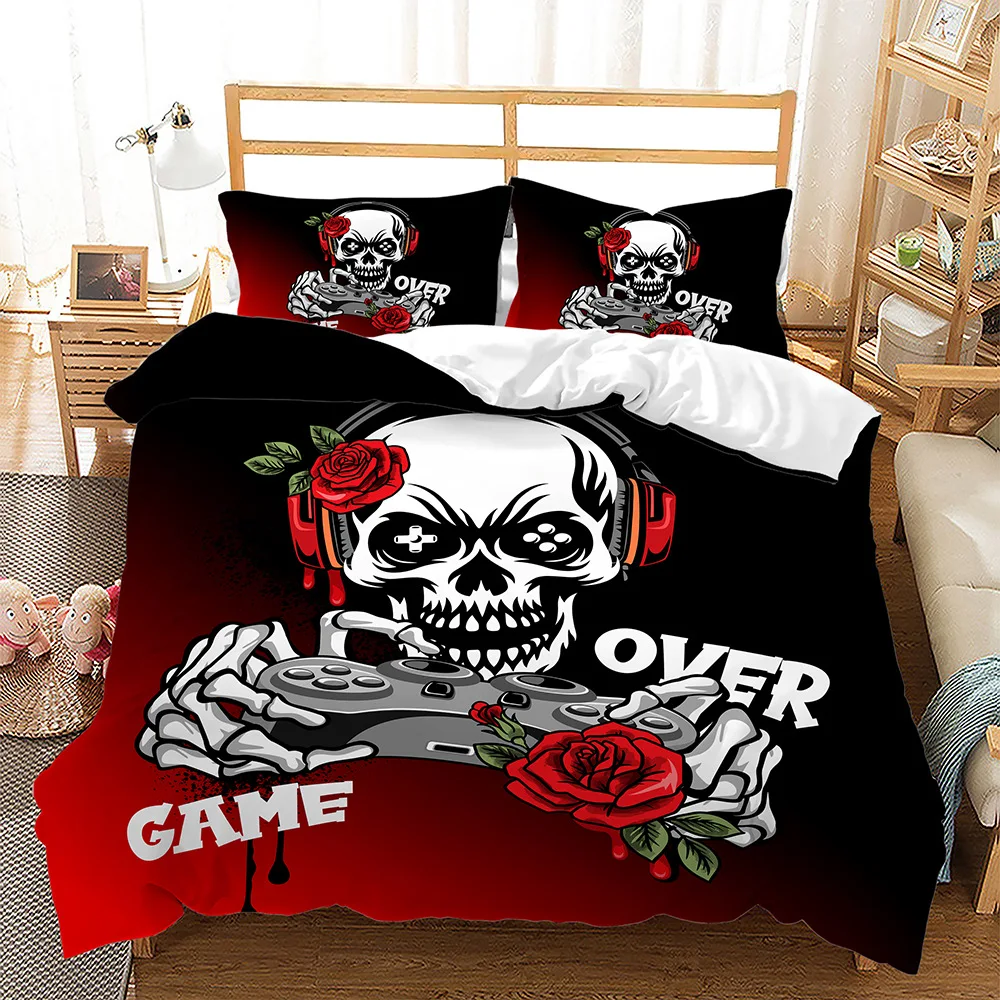 

Rose and Skeleton Bedding Set Colorful Game Over Cool Single Double Twin Size Home Decor For Boys Girls Adulets Fashion Duvet