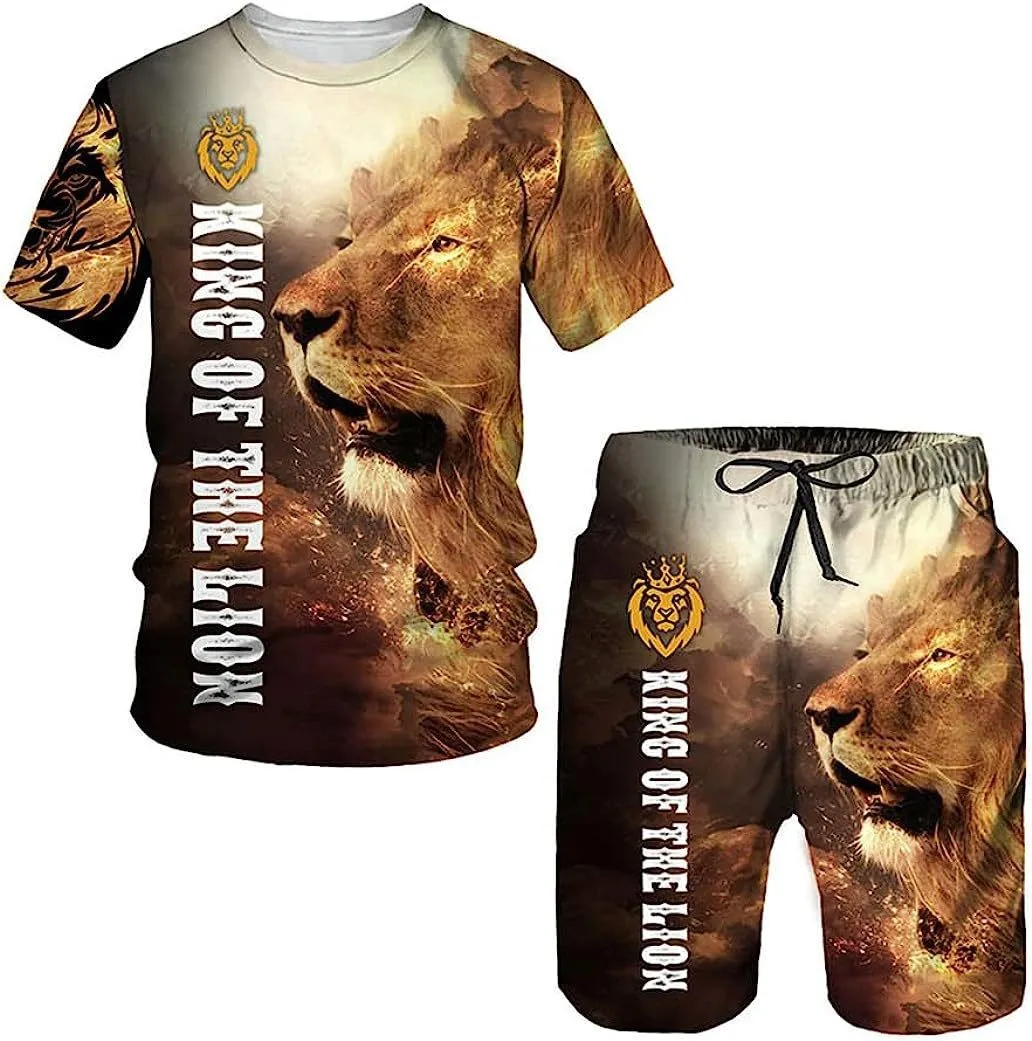 Tracksuit Short Sleeve T-shirt 2-Piece Summer Men's Lion Print Fashion Short Pants Suit Round Neck Oversized Street Jogging Wear