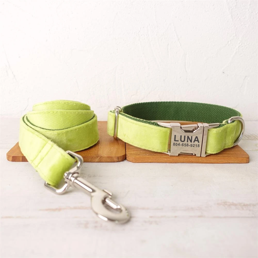 Personalized Dog Collar Custom Pet Collar Engraving ID Name Tag Pet Accessory Avocado Green Thick Velvet Puppy Collar Leash