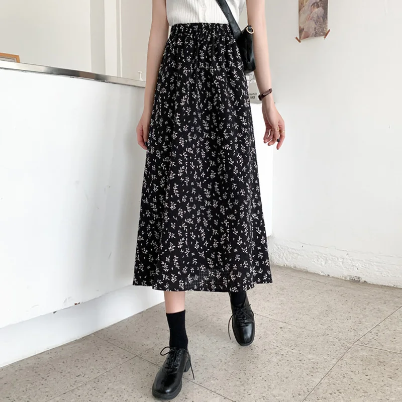 

Floral Print Dress Vintage Women Fashion A-line Pleated Long Skirts Drawstring Elastic Waist Midi Skirt Fairy Elegant Korean