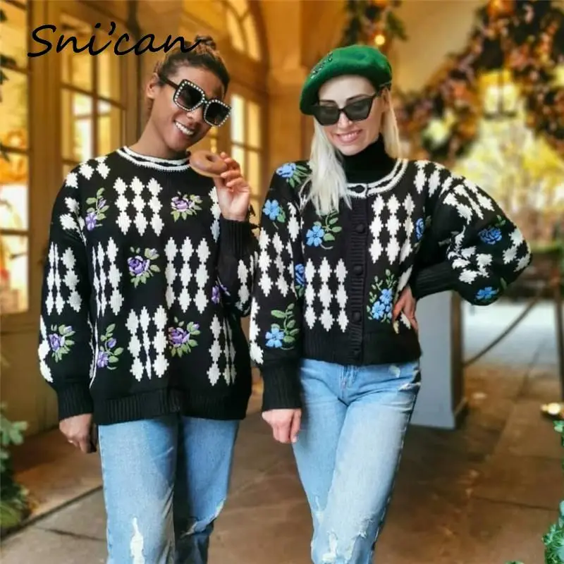 

Za White Black Plaid Sweater Female Floral Embroidery Oversize Office Ladies Knitted Sweater Chandails Vetement Femme Outwear