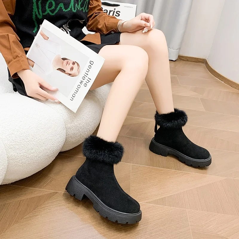Winter Women's Ankle Boots Square Heel Snow Boots Plush Snow Boots Warm Platform Flock Slip Shoes Woman Woman Botas Mujer 2023