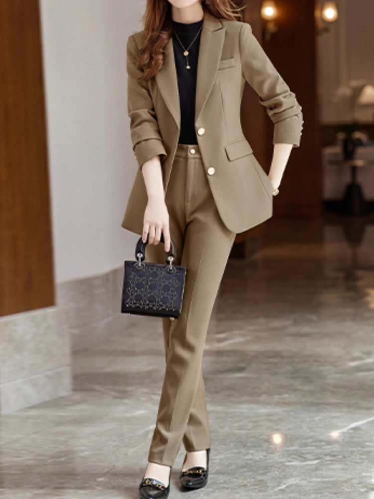 New Chic Women Blazer Suit Office Lady Pantsuits Formal Fit Jacket & Pencil Pantalon Workwear Female Business 2 Pieces Set 2022