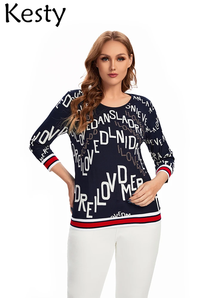 

KESTY Women's Plus Size T-Shirt Spring Polyester 3/4 Sleeve T-Shirt Print Lettering with Sequins Crew Neck Elastic Loose Top