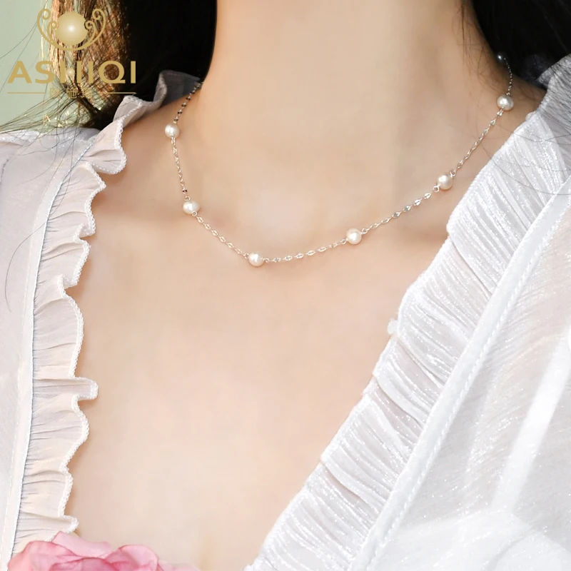 

ASHIQI Natural Freshwater Pearls 925 Sterling Silver Necklace Fashion Jewelry for Women Gift New
