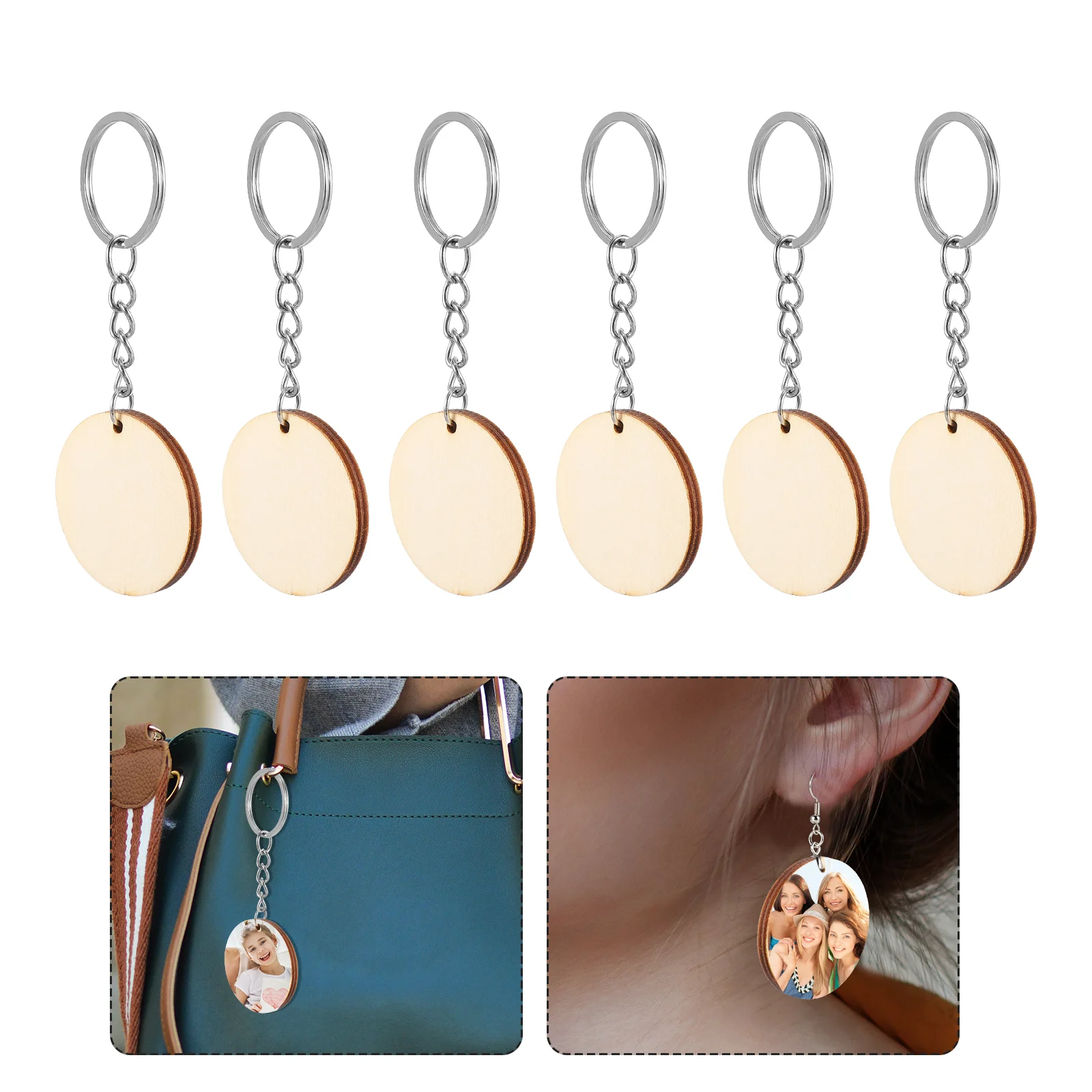 

50 Pcs Wooden Keychain Hanging Pendant DIY Holder Purse Hole Slice Circle Metal Natural Slices