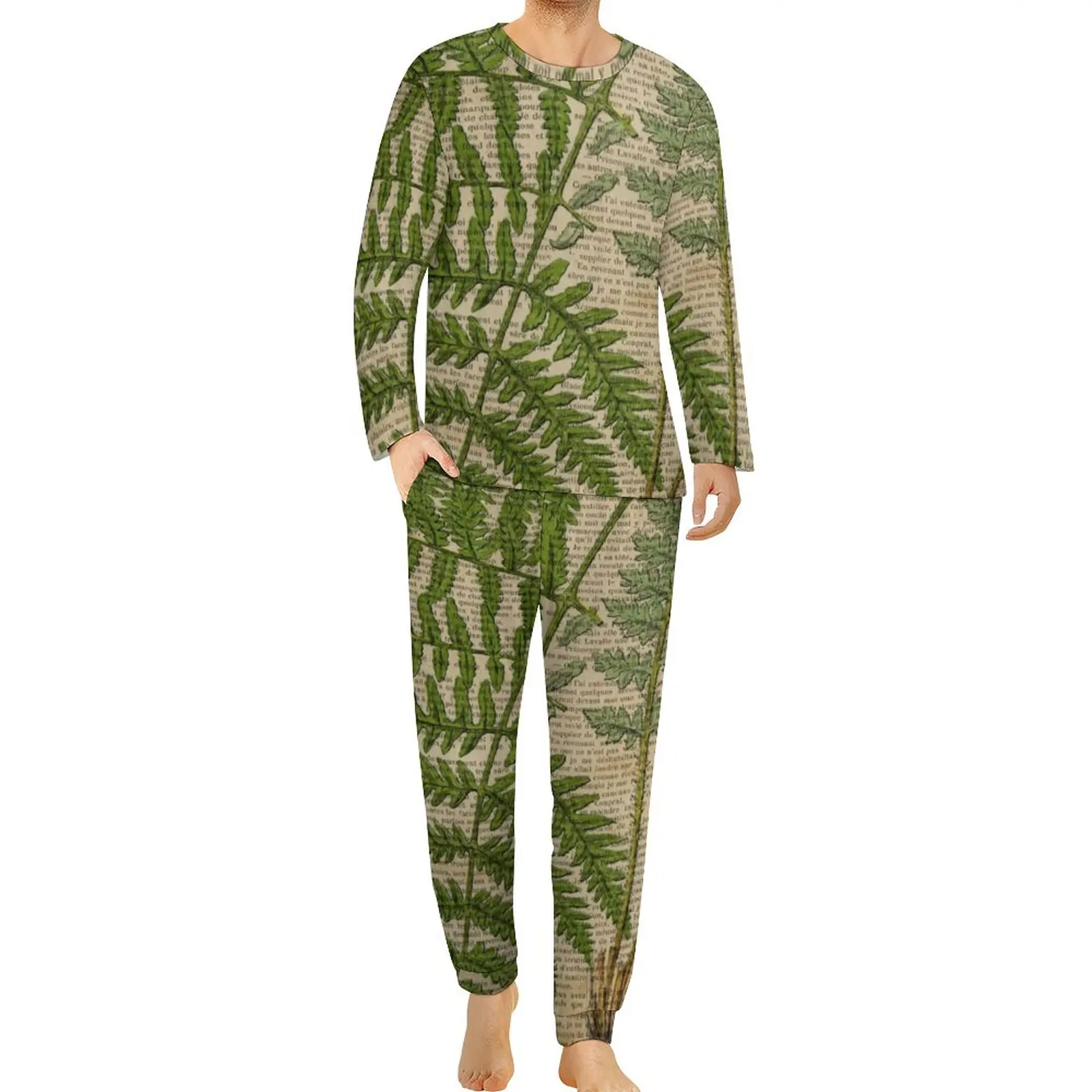 Vintage Newspaper Pajamas Spring Fern Leaves Print Sleep Nightwear Man 2 Piece Graphic Long-Sleeve Romantic Oversize Pajama Sets