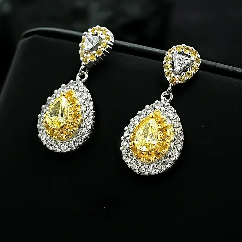 S925 Серебряные высокоуглеродистые алмазные капли воды желтые серьги высокого