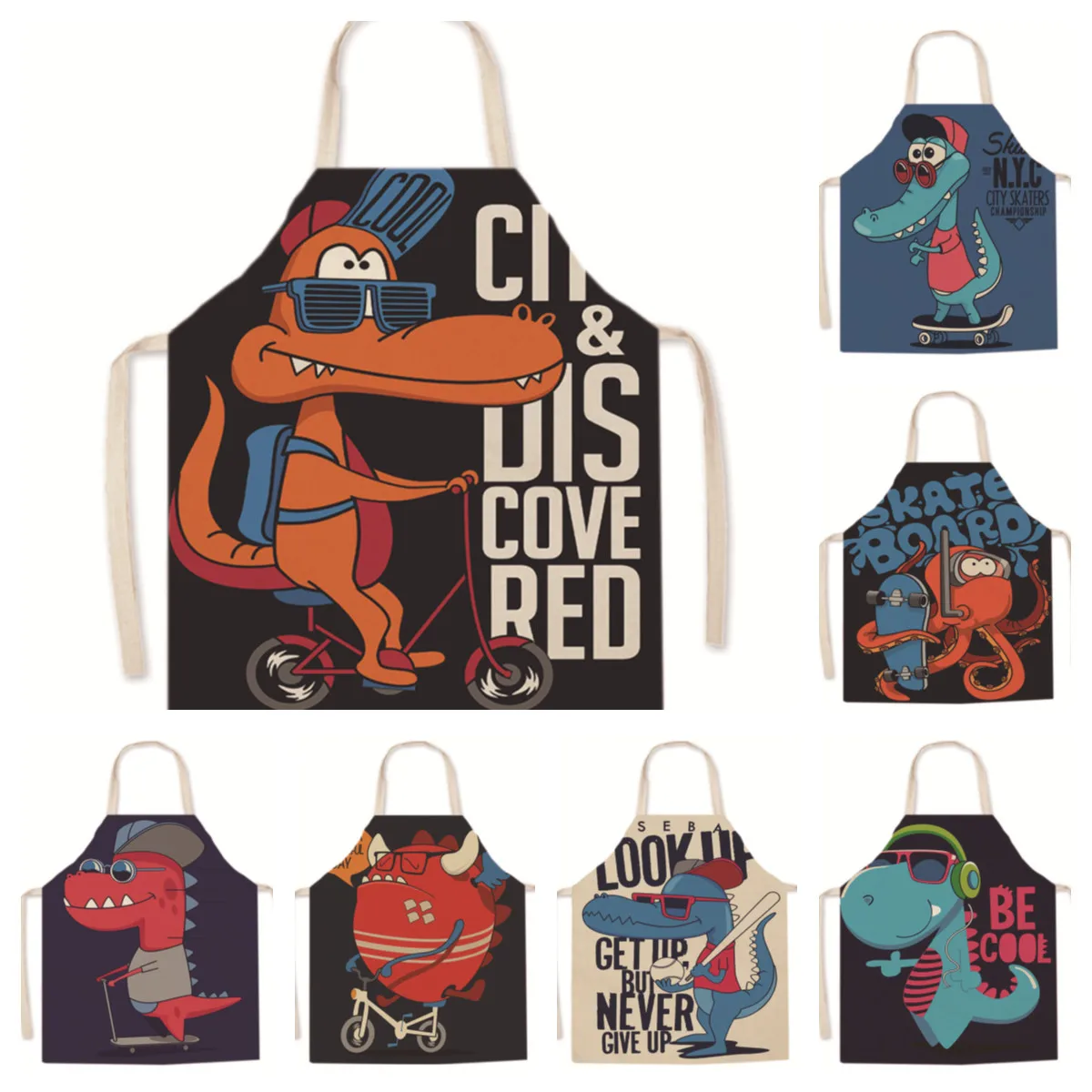 

Dinosaur Aprons Cartoon Animals Kitchen Aprons Dinner Party BBQ Cooking Waist Bib Cotton Linen Funny Pinafore Cleaning Tools