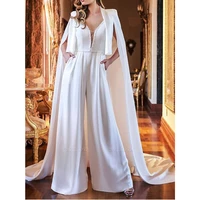 sexy satin white wedding jumpsuit sleeveless princess bride gowns with long cape backless floor length robe de mariee