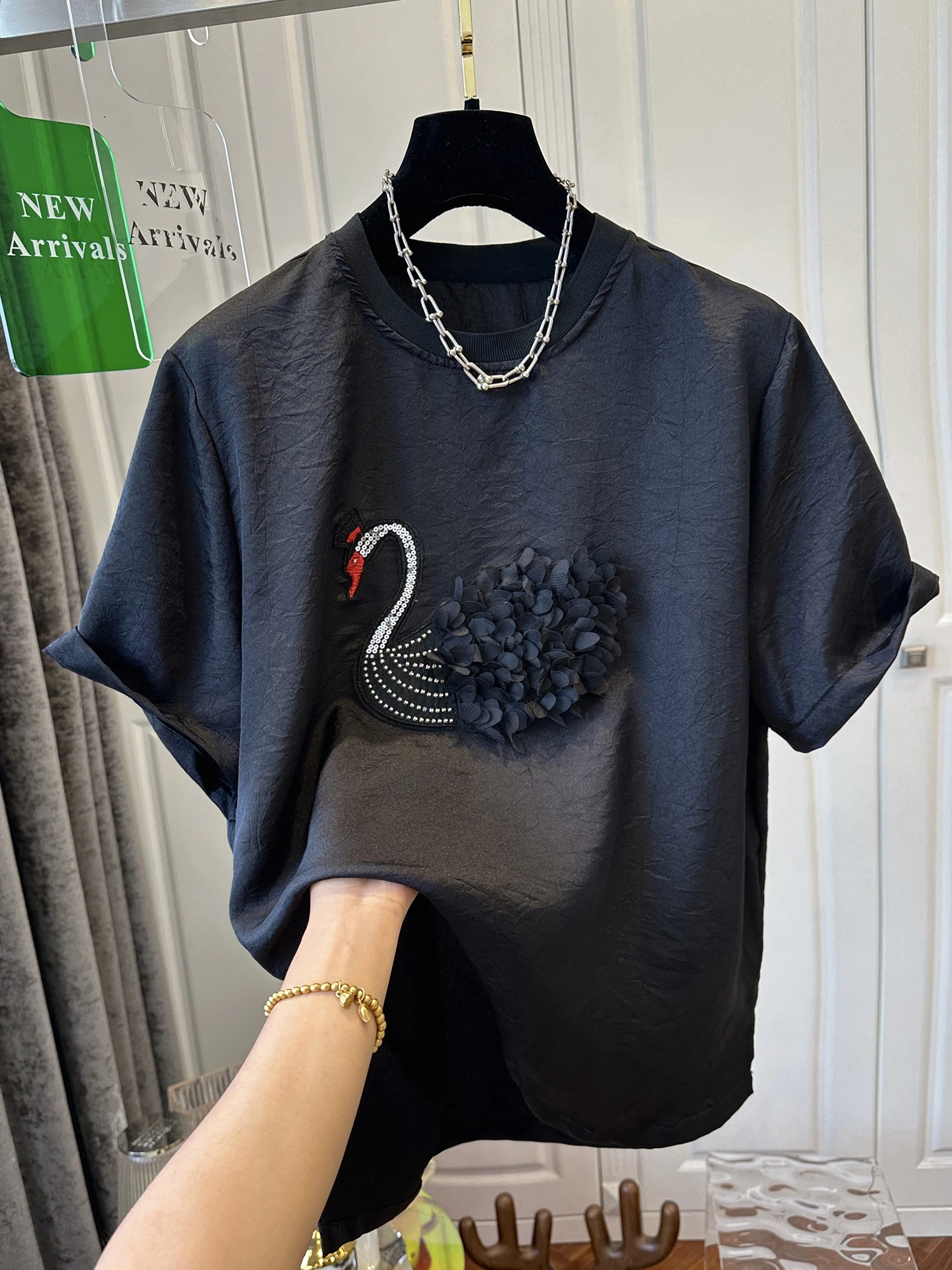 KMI Высококачественная блестящая вышитая ацетатная атласная шифоновая рубашка с