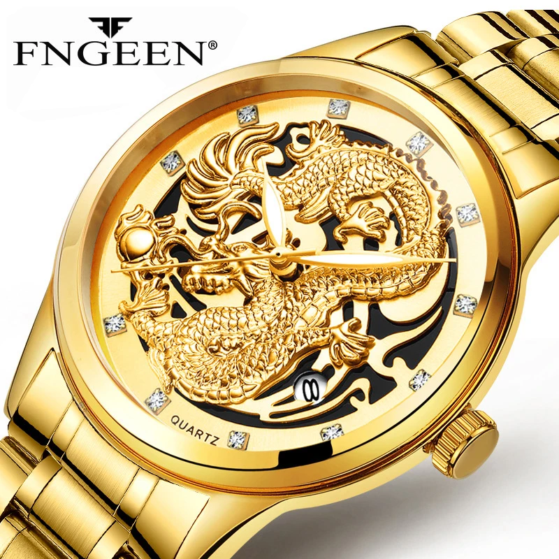 Часы наручные FNGEEN Мужские кварцевые брендовые Роскошные с китайским драконом и