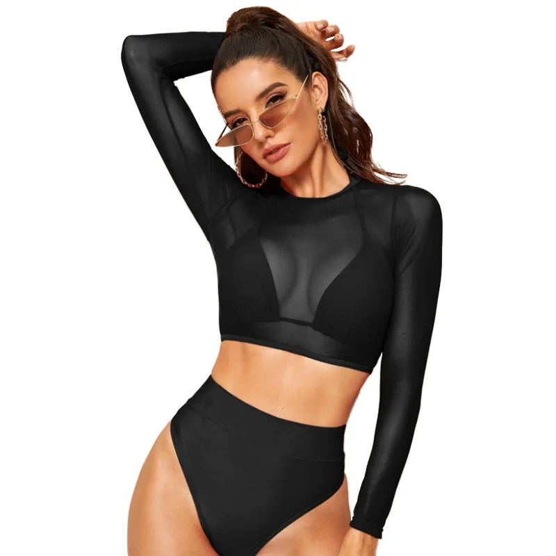 High waist split ladies three-piece transparent mesh 2021 sexy push-up bodybuilding swimwear solid color plus size bikini set