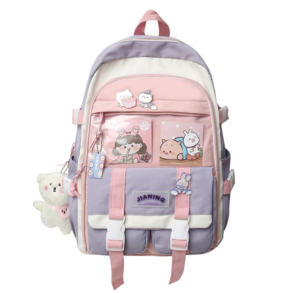 

Kawaii Backpack Japanese Harajuku High School Girl Student Hit Color Bookbags with Pendant Pin Badge Female Backpack