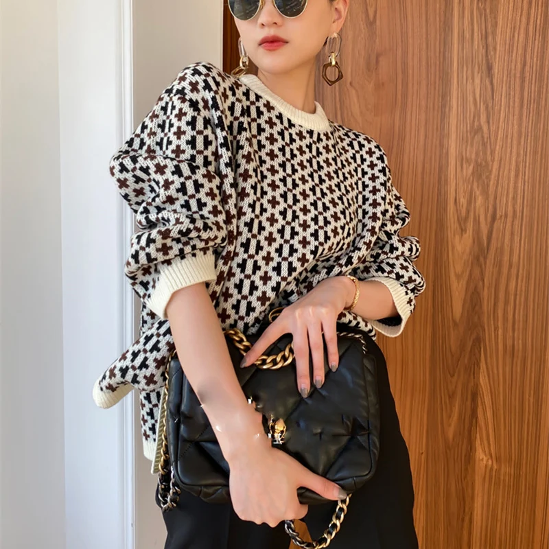 

ZELI Loose O-neck Printed Long Sleeve Knitted Sweater Women Casual Patchwork Split Harajuku Pullover Female Vintage Knitwear