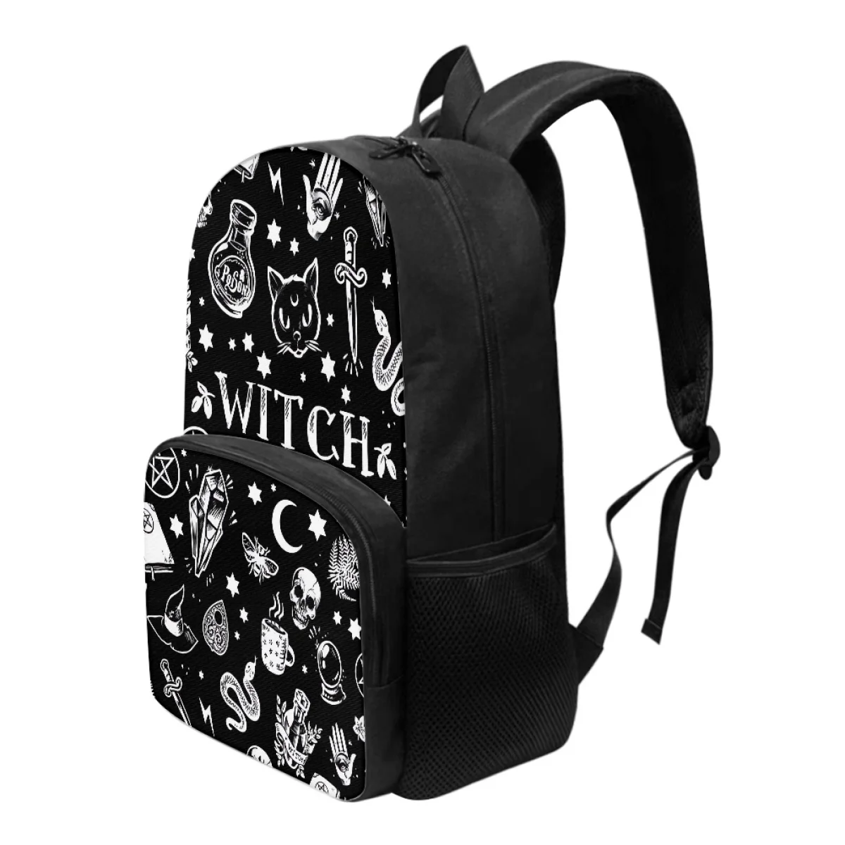 FORUDESIGNS Cat Witchcraft Print Women's Backpack Personalized Student Boys Girls Back School Bag Water Bottle Pockets Book Bags