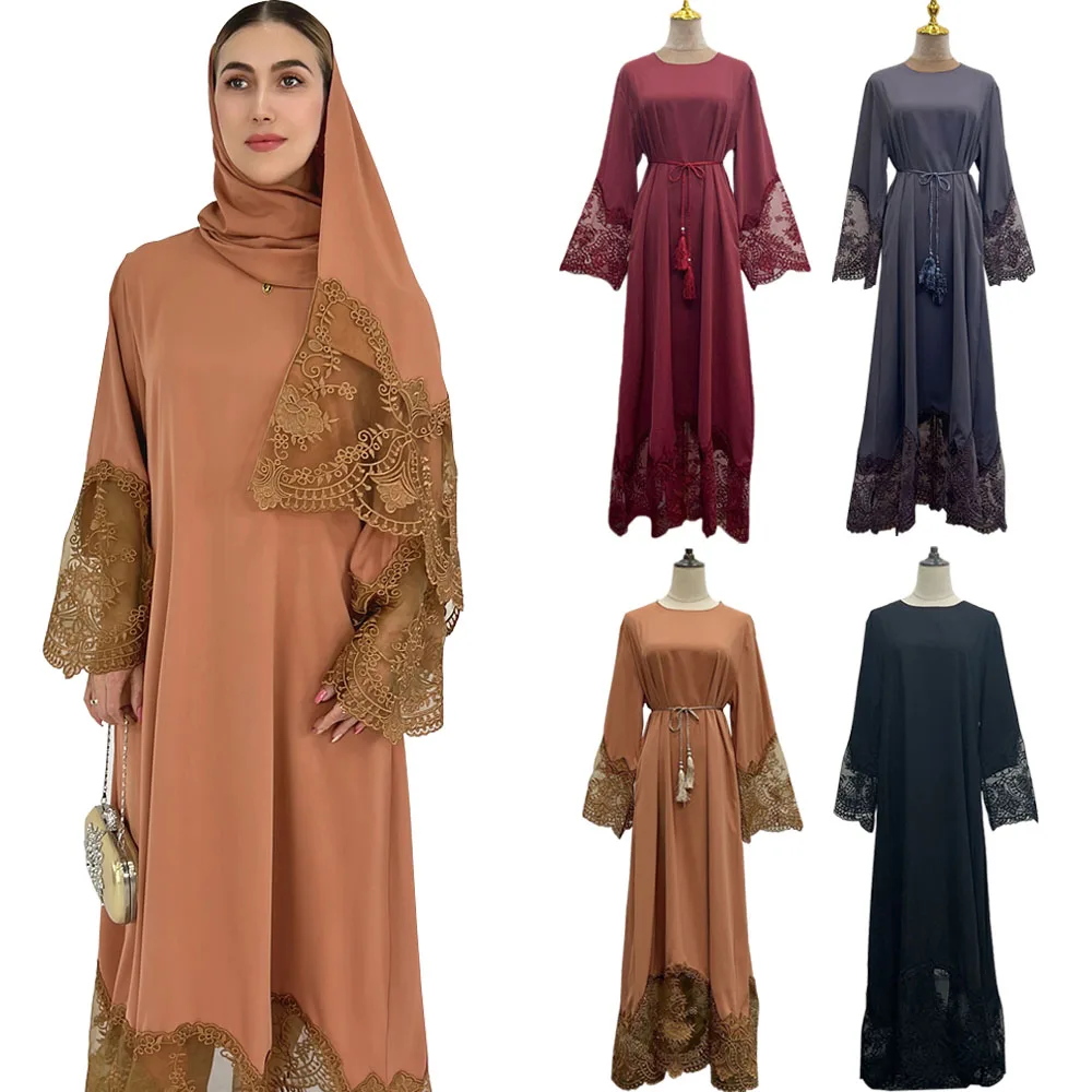 

Women Spring Sundress Vintage Solid Muslim Dress Casual Abaya Marocain Turkish Robe Femme Lace Embroidery Sleeve Maxi Vestidos