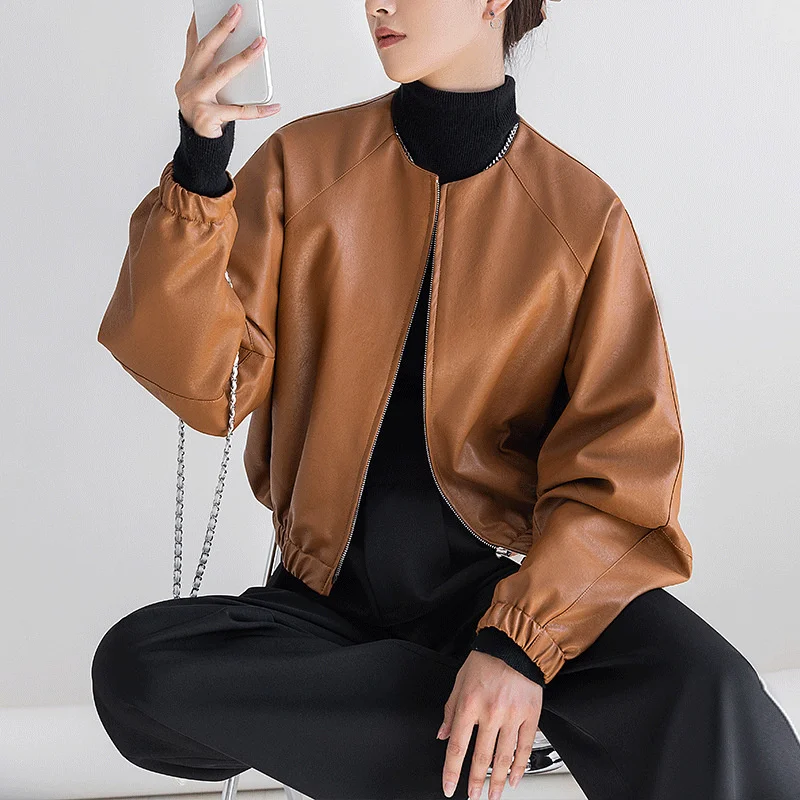 

Autumn Winter Women PU Leather Jacket 2022 Round Collar Irregular Zipper Long Sleeve Short Silhouette Leather Coat Female Tops