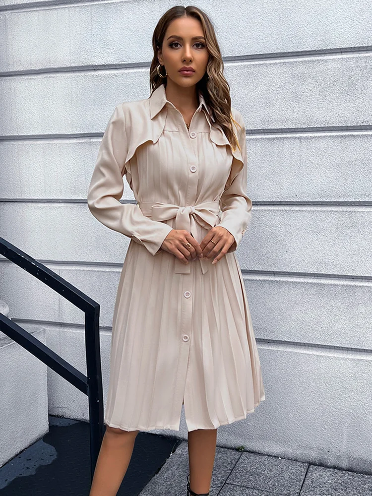 

Fashion Temperament Slim Pleated Dress 2022 New Women Autumn Winter Lapel Collar Long Sleeve Lace Up Single Breasted Dress
