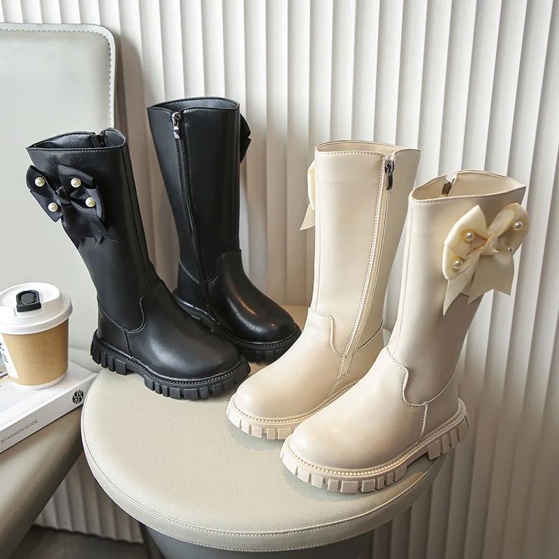 

Детские ботинки для девочек, осень/зима 2023, новая Корейская версия, длинные ботинки принцессы с жемчугом и бантом, детские Нескользящие теплые ботинки средней длины