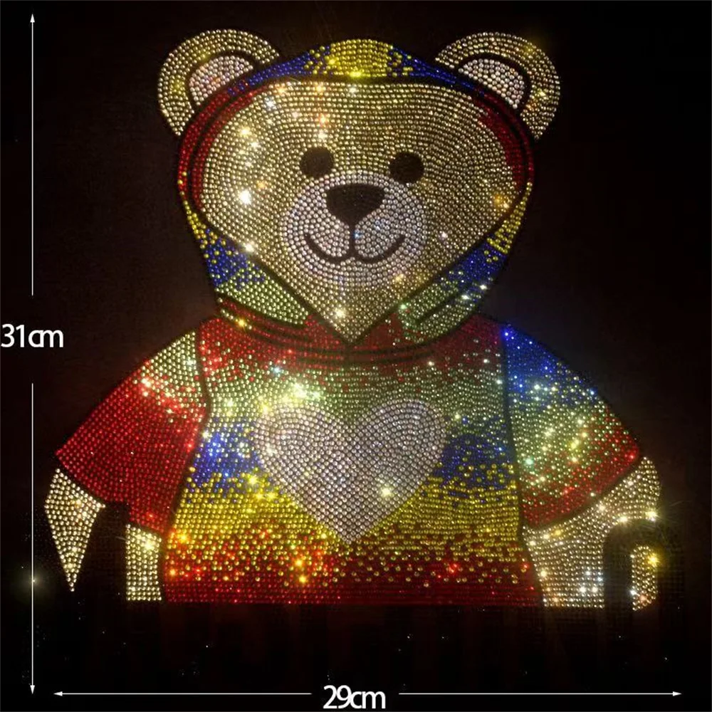 

Colorful love bear hot diamond patch DIY patch iron on sweater T-shirt jacket fashion decoration large patch clothing accessorie