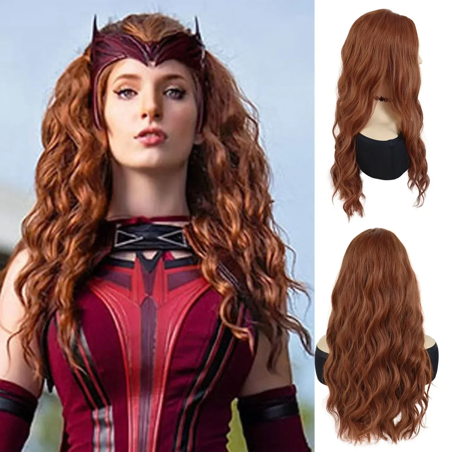 Фото Синтетические красные длинные волосы Scarlet Witch Wanda Maximoff, парики для косплея для женщин, парик со средней частью, вьющийся волнистый парик, естественный вид, вечерние №1