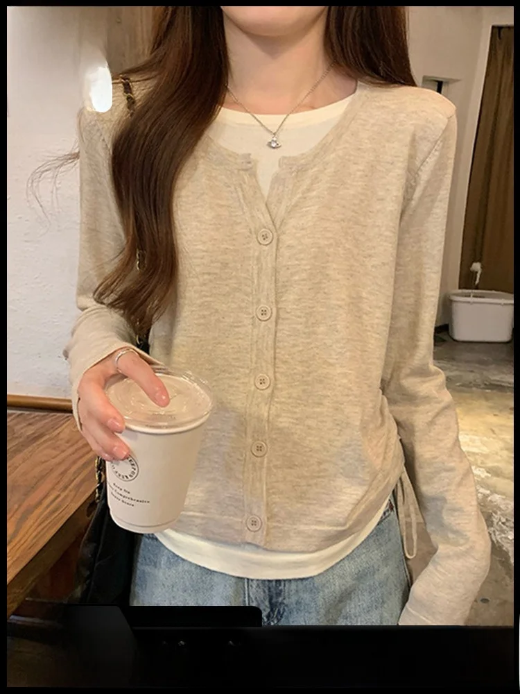 Корейский вязаный кардиган контрастного цвета из двух частей с длинными