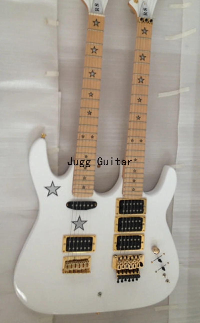 

White Kram RS 6 Stings + 6String Double Neck Electric Guitar Floyd Rose Tremolo Bridge & Locking Nut, Star Inlay, Gold hardware