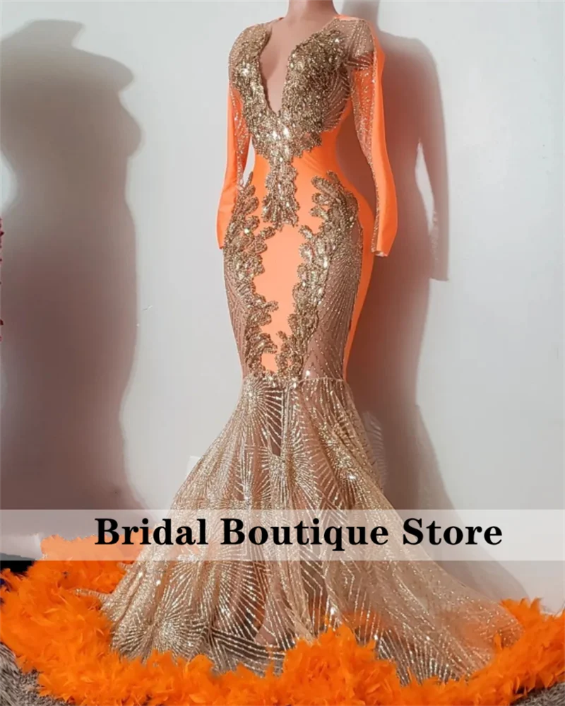 

Luxury Orange Sexy Mermaid Prom Dresses 2022 Feathers Beading Long Sleeves Aso Ebi Birthday Party Formal Gowns Robe De Bal