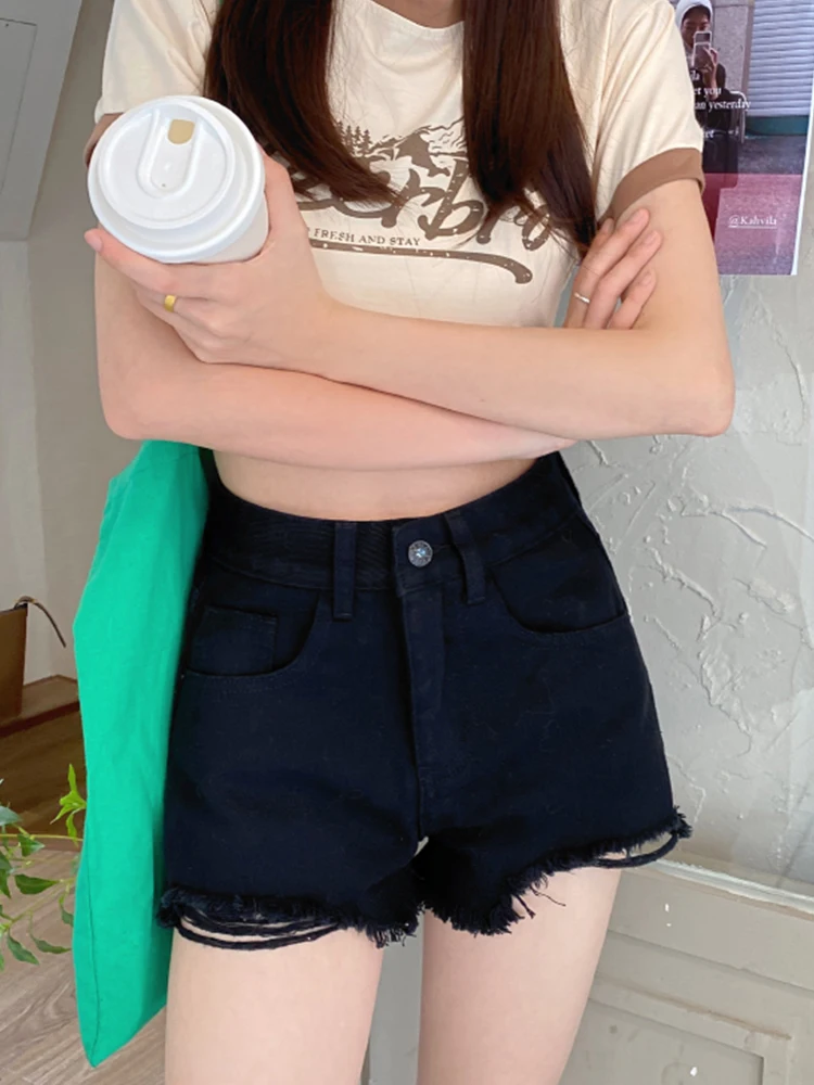 New Spring Summer Women High Waist Raw Hem Frayed Denim Shorts Streetwear Female Button Slim Fit Jeans Shorts Bottoms